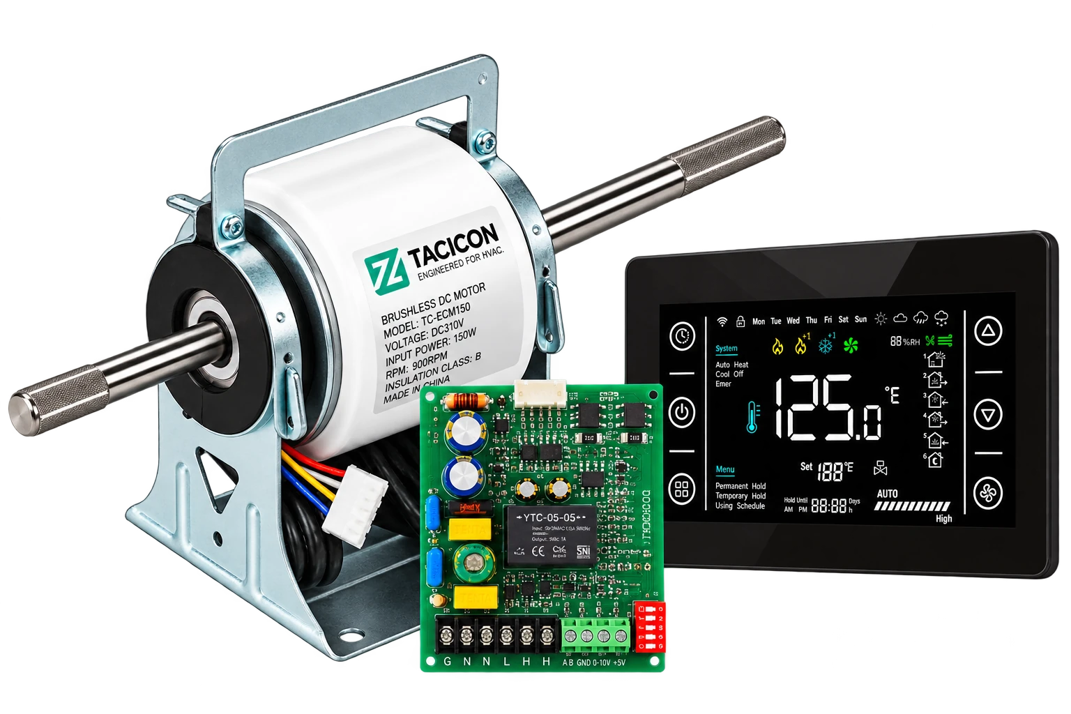 TACICON ECM motor, external driver board and touchscreen HVAC thermostat