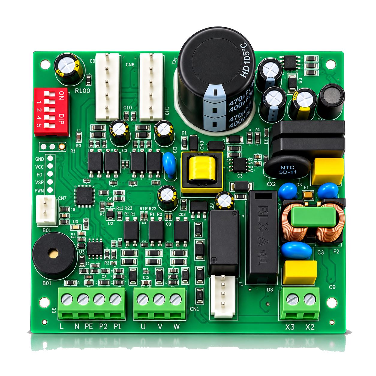 M5 ECM motor driver board, front view with a large capacitor and green screw terminals